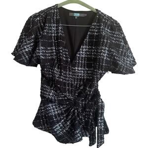 Eva Franco Marika Boucle Sequin Black Faux Wrap Top